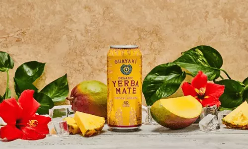 Can of Guyaki Yerba Mate surrounded by flowers, leaves, and mangos