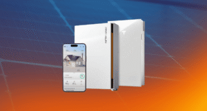 A rendering of a franklinwh apower2 beside a Tesla Powerwall 3, next to a display of the franklinwh app on a mobile device