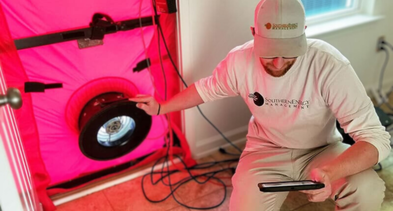 Building performance technician from southern energy management administering a blower door test with the blower door set up in the front door