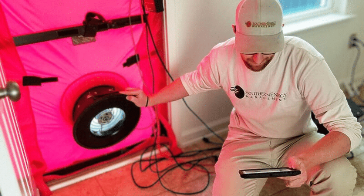 Building performance technician from southern energy management administering a blower door test with the blower door set up in the front door