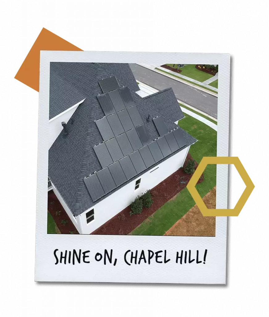 Polaroid with a aerial picture of a home with a roof top solar system in Chapel Hill