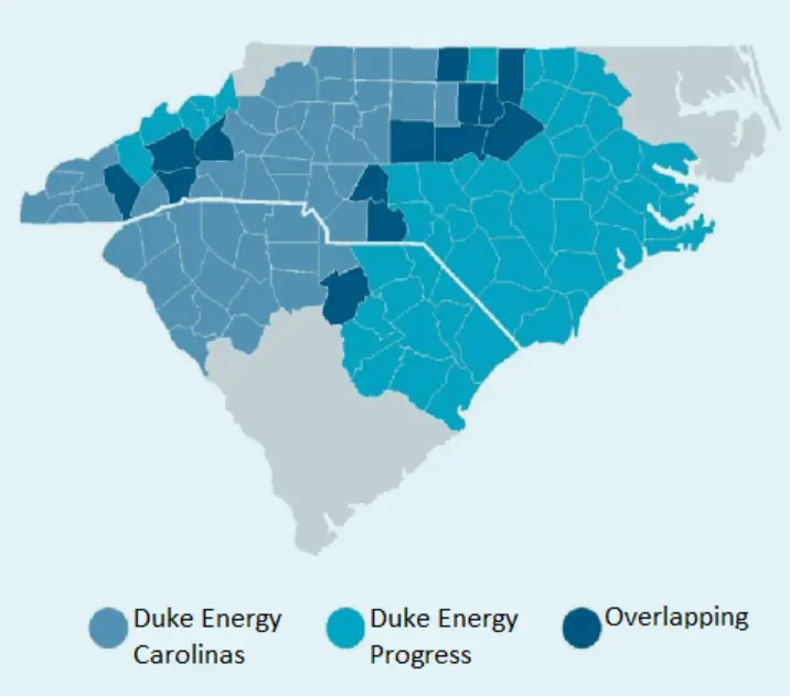 Map of Duke Energy Progress and Duke Energy Carolinas territories in North and South Carolina