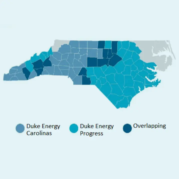 Map of Duke Energy Carolinas and Duke Energy Progress territories in North Carolina