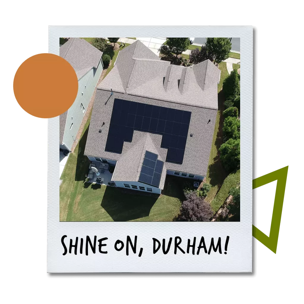 Polaroid with a aerial picture of a home with a roof top solar system