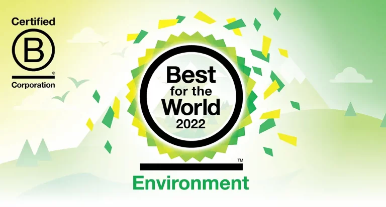 Best for the world environment 2022 badge with b corp logo on a green gradient background