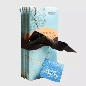 Assorted packs of chocolate bars wrapped in ribbon by French Broad Chocolate