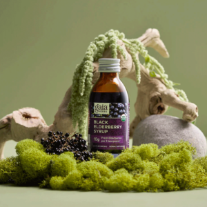 Bottle of Black Elderberry Syrup from Gaia Herbs sitting on moss surrounded by natural elements