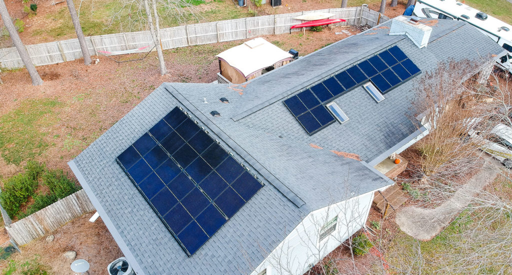 Complete solar install on a gray roof in North Carolina