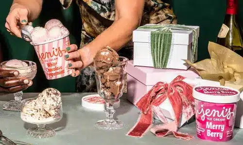 A holiday scene of presents and Jenni's ice cream being scooped into fancy glasses