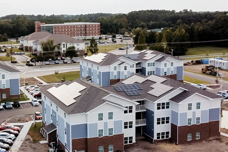 Aerial view of Pembroke Student Housing with solar on rooftop