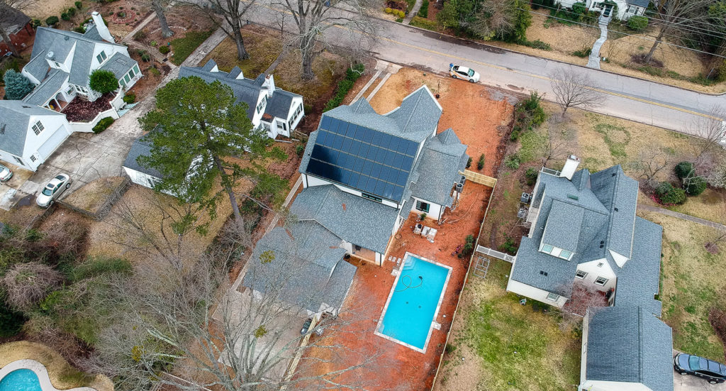 Aerial view of a roof mounted solar system on a new home in North Carolina
