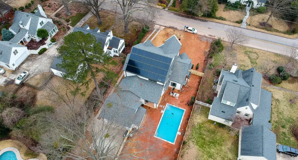 Aerial view of a roof mounted solar system on a new home in North Carolina