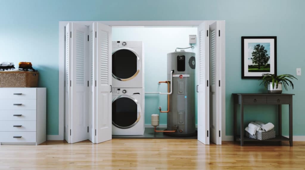 Rheem's Pro Terra hybrid electric water heater installed in a laundry room
