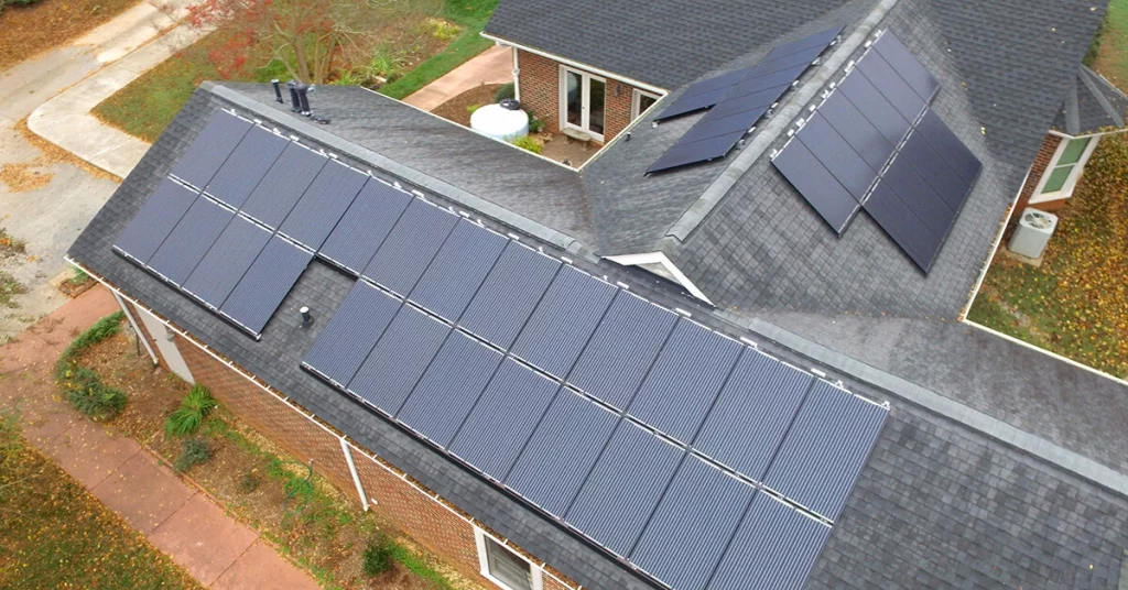 Aerial view of the rooftop solar system at Pittsboro Presbyterian Church