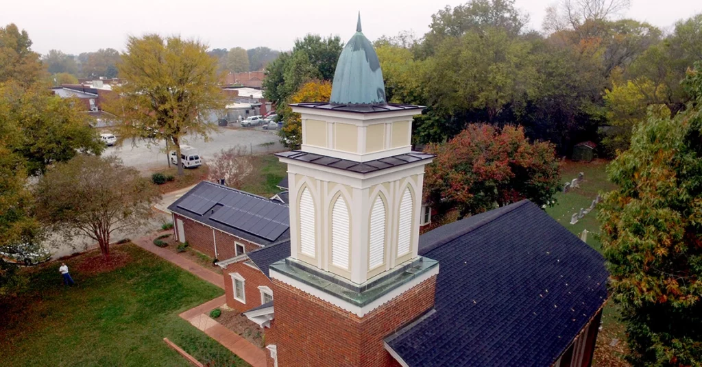 Aerial view overlooking the rooftop solar system at Pittsboro Presbyterian Church