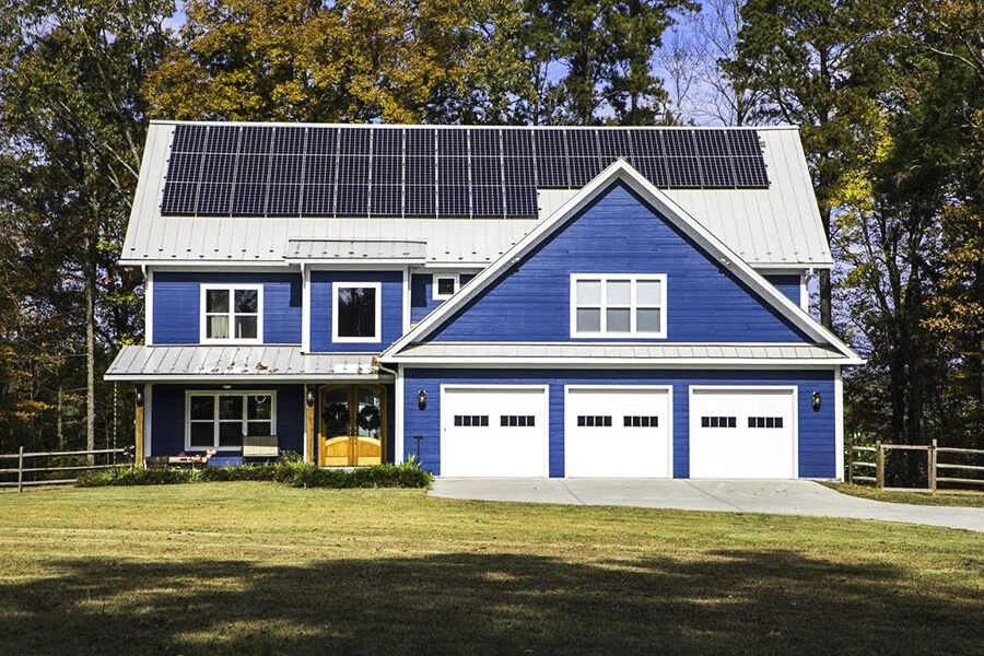 Single family home with rooftop solar panels