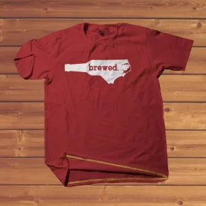 Red t shirt with North Carolina state graphic that says brewed, from TS Designs