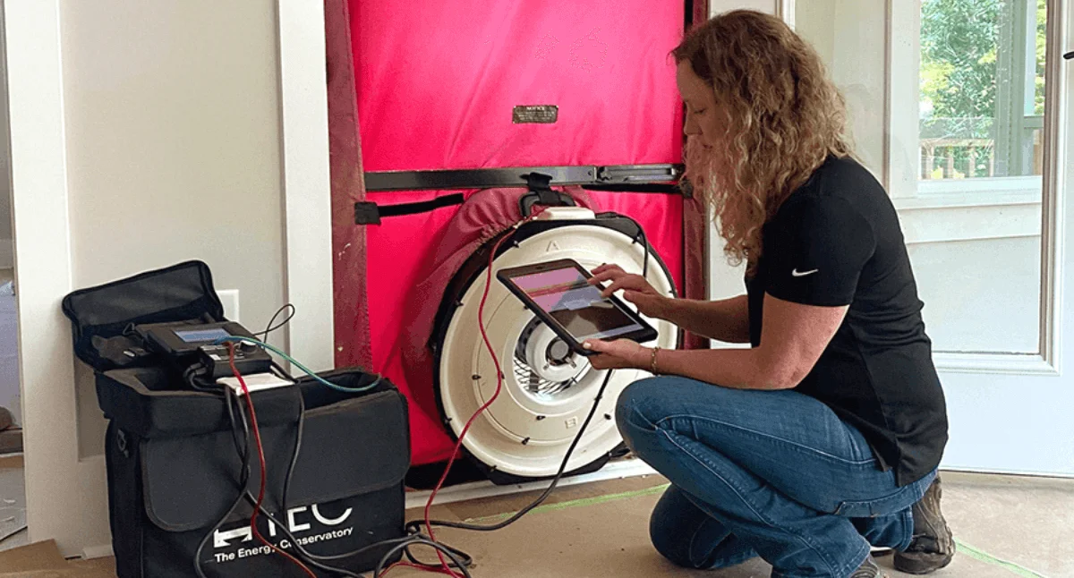 building science field technician performing blower door test at home
