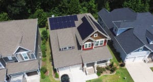 Mono solar panels on a two story craftsman home