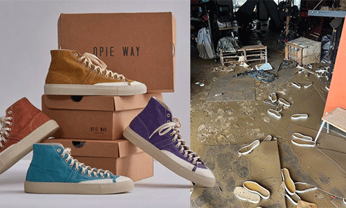 A stack of Opie Way shoes collaged next to a photo of their warehouse post-hurricane destruction