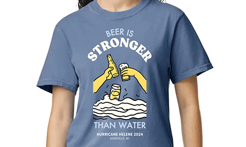 A blue gray colored shirt featuring a graphic print that says 'Beer is stronger than water' from hiwire brewing