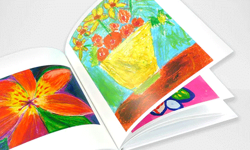 An 8x8 express book from Plum Print featuring a child's colorful artwork that has been digitized and archived in a hard cover book