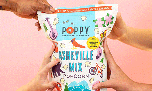 Colorful bag of Asheville Mix popcorn from poppy