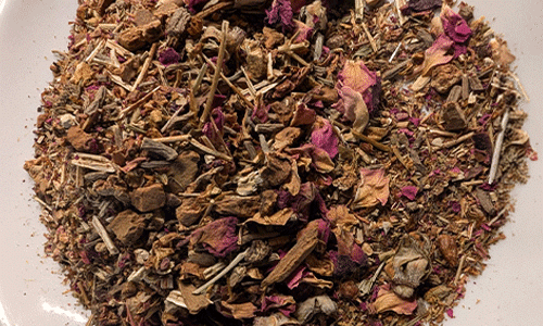 A bowl of loose sarsaparilla tea from Snake Song