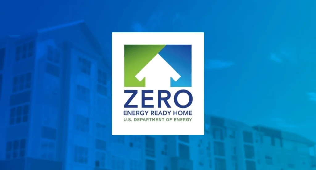 DOE Zero Energy Ready Home logo imposed over multifamily building