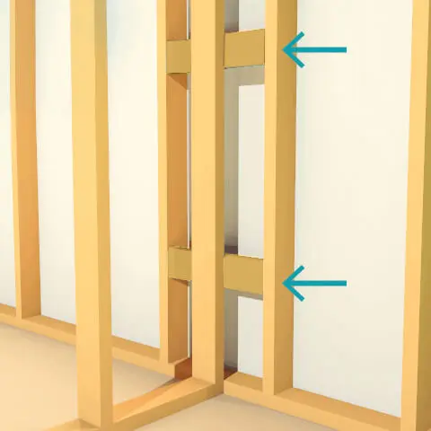 An example of horizontal latter blocking to insulate an interior wall