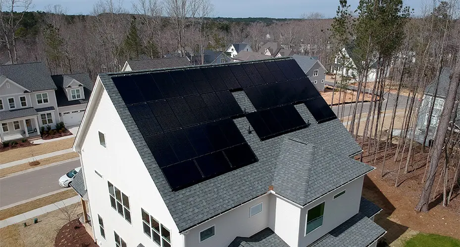 Aerial view of a home solar system mounted on the roof