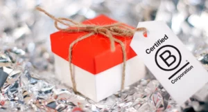 A red and white gift box on sitting on silver tinsel with a white b corp gift tag