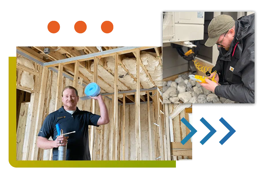 Collage of air sealing and hvac grading services in action