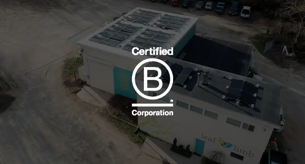 Aerial view of Certified B Corp, Leaf & Limb's Raleigh headquarters with solar panels on the roof