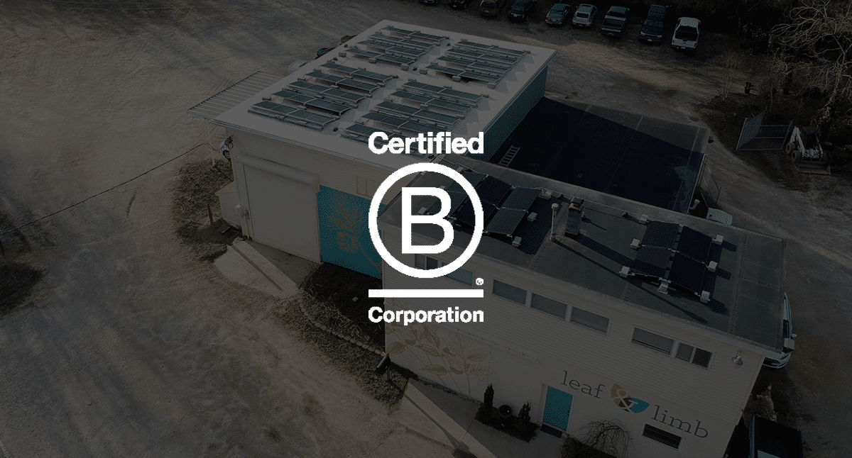 Aerial view of Certified B Corp, Leaf & Limb's Raleigh headquarters with solar panels on the roof