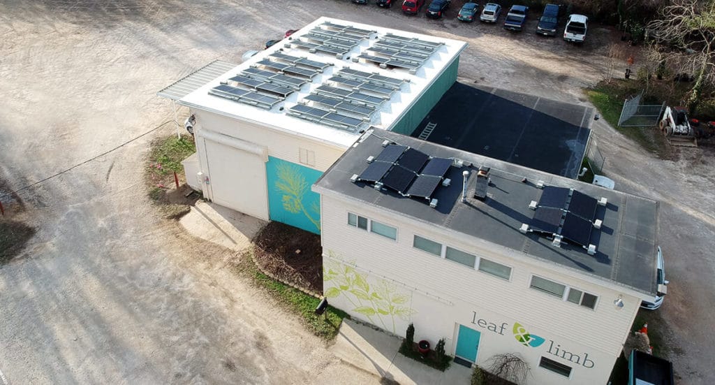 Aerial view Leaf & Limb's Raleigh headquarters with solar panels on the building