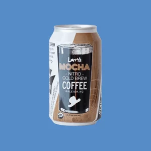 Can of Larry's Mocha Nitro Coffee on a blue background