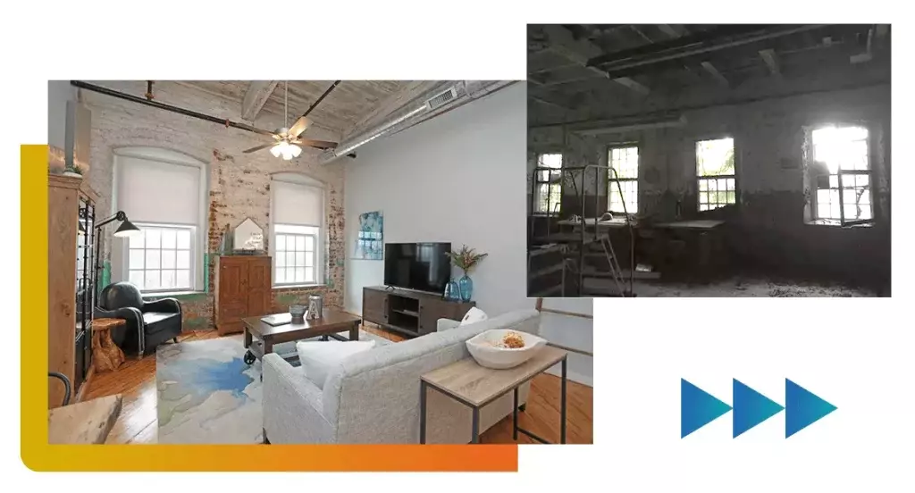 Granite Mill before and after pictures featuring old windows and renovated interior