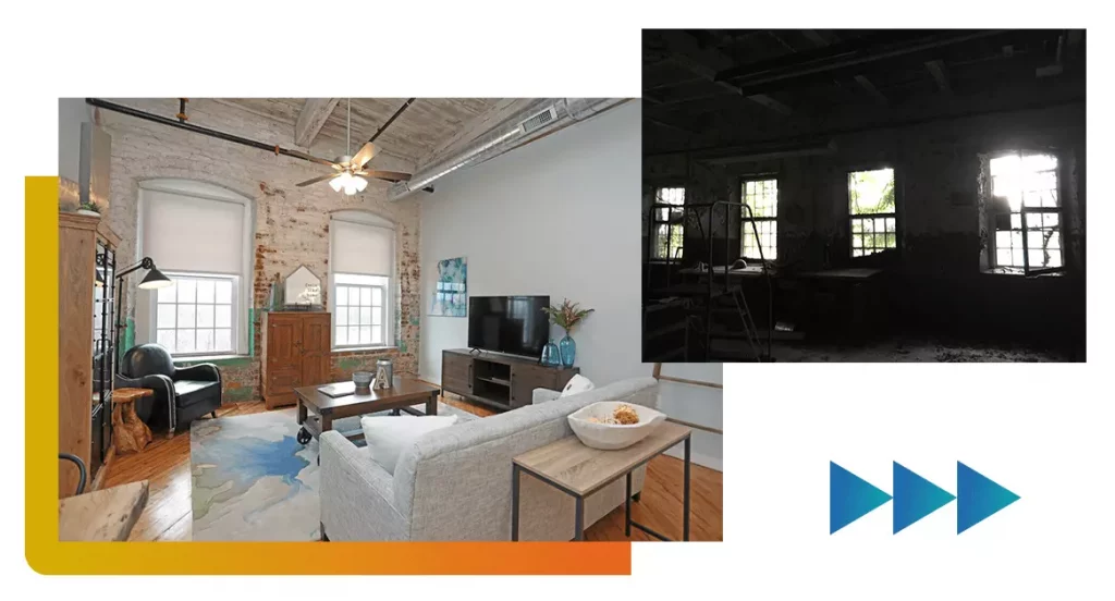 Granite Mill before and after pictures featuring old windows and renovated interior