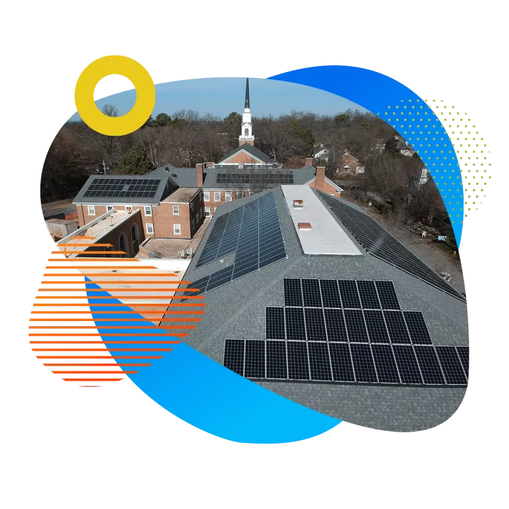 Geometric collage of a church with rooftop solar panels