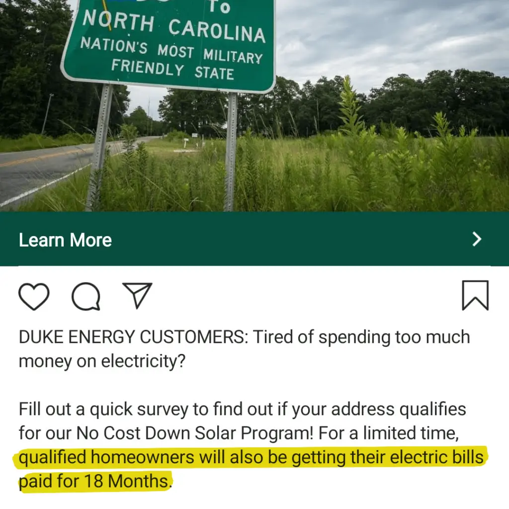 Solar ad stating the company will pay qualified homeowners' electric bills for 18 months