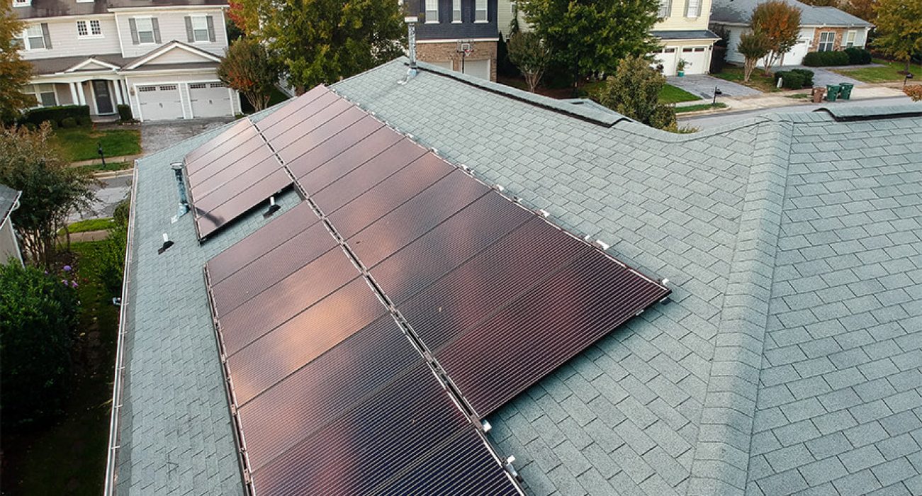 Close up view of roof mounted solar system