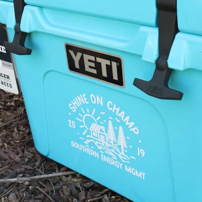 Detail view of the Shine On Champ Yeti cash cooler award decal
