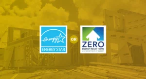 Energy Star and DOE Zero Energy Ready Home logo imposed over new construction home