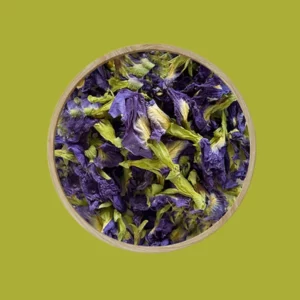 Dish of dried butterfly pea flowers from Green Heffa Farms