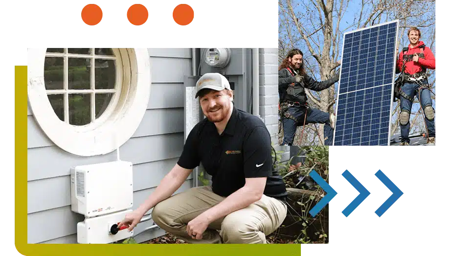 Solar technician with a solar edge inverter and two solar installers holding up a solar panel