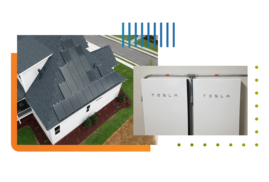 Collage featuring home with rooftop solar and two tesla powerwalls