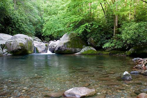 Midnight Hole offers a serene river scene with clear waters gently flowing among rounded boulders, enveloped by a dense forest, epitomizing peaceful natural retreats