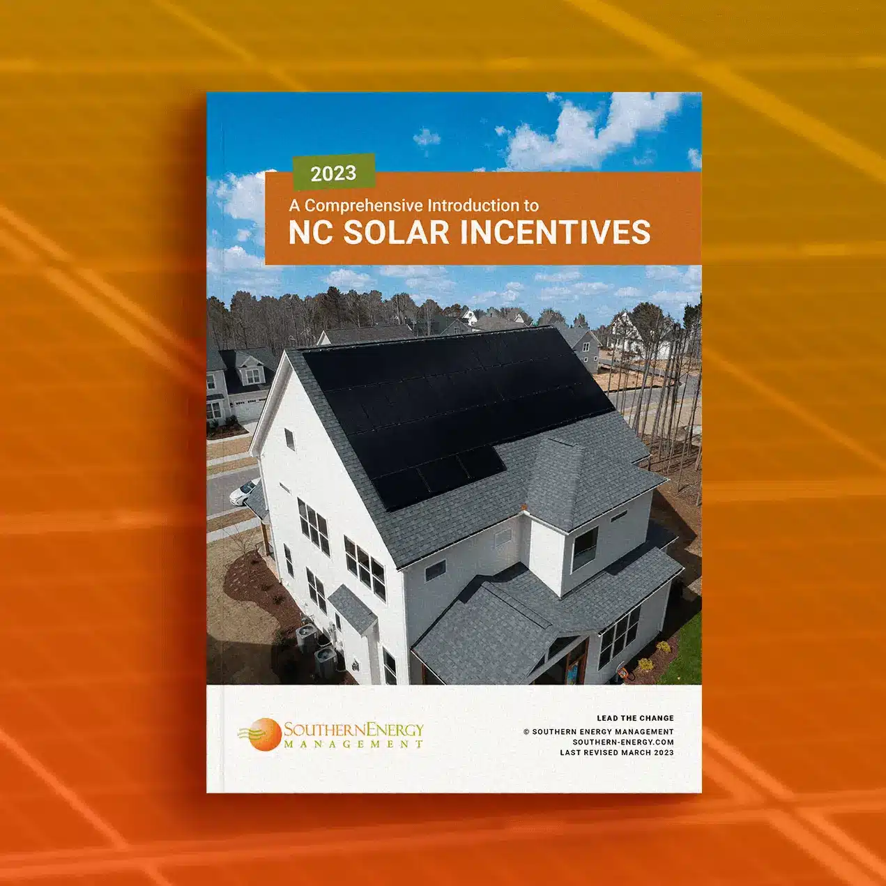 mocked up cover of southern energy management's nc solar incentives guide with a orange solar panel texture background