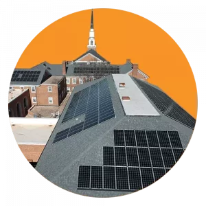Aerial view of a nonprofit church with solar installed on the roof